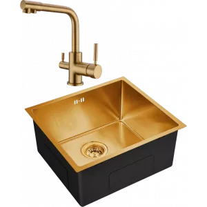 Комплект Мойка кухонная Domaci Равенна PVD DMB-114 золотая, 48х43 см, врезная, квадратная, нержавеющая сталь + Смеситель DCB 3003 золото